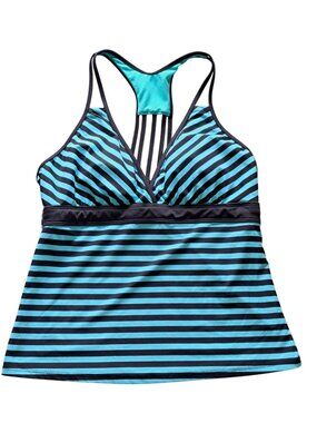 Title Nine Women's Size L Striped Turquoise  Black Tankini Swim Top Strappy Back